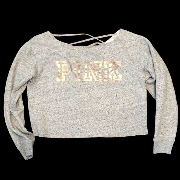 Victoria’s Secret PINK Grey Crop Wide-neck  Sweatshirt with Metallic Writing - Picture 1 of 4
